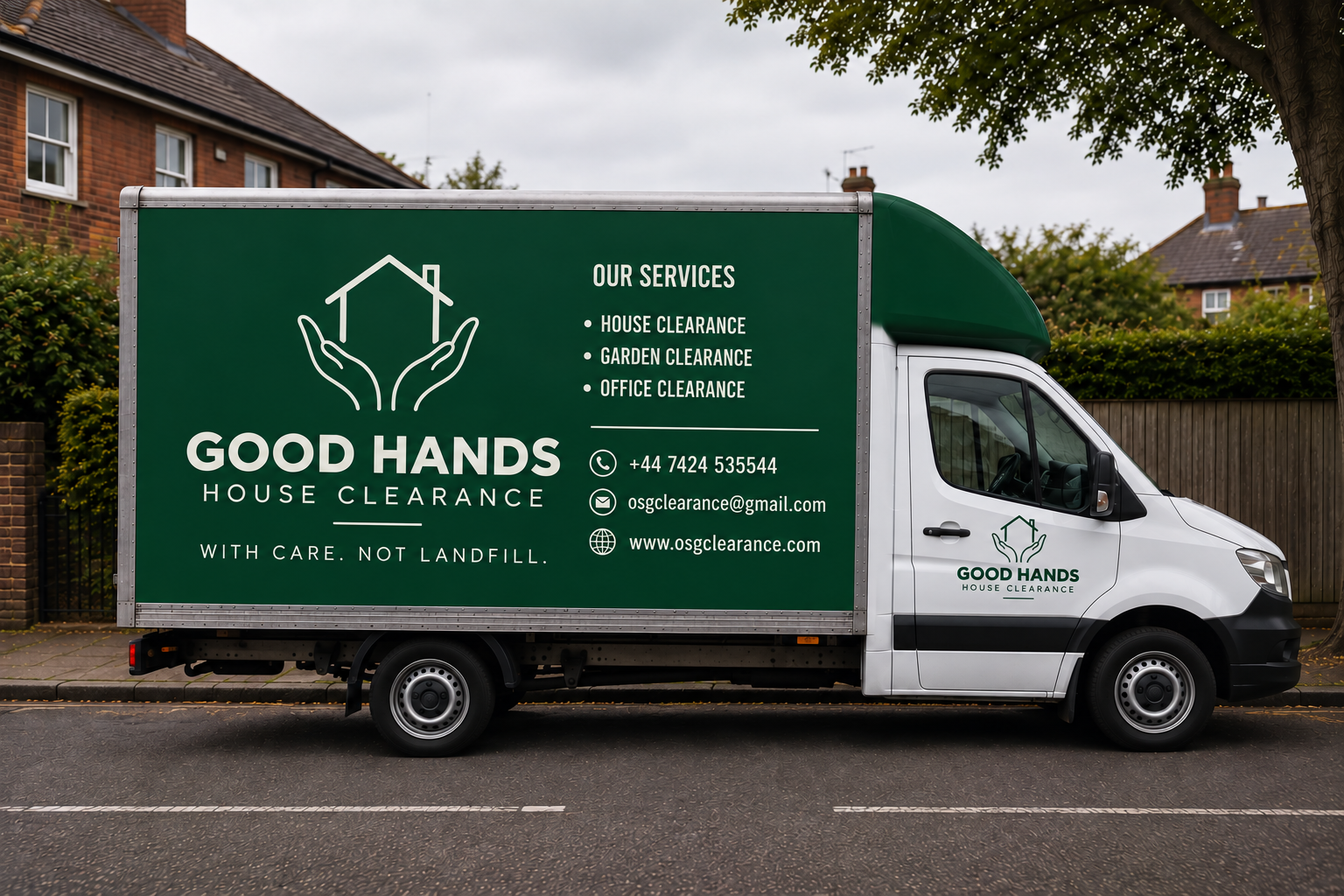 Good Hands House Clearance branded green vehicle serving a residential street